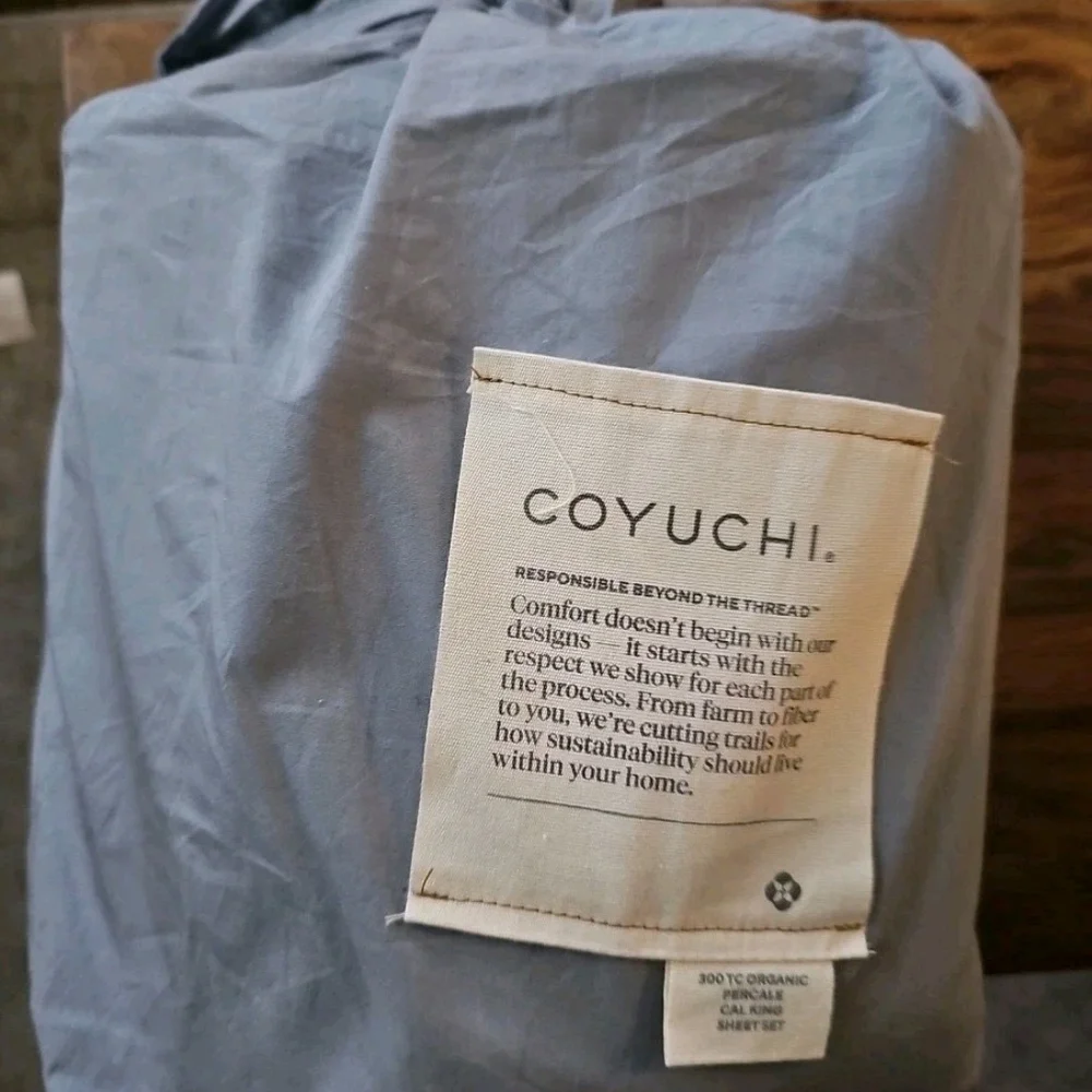 Coyuchi 300 TC Organic Percale Cotton Cal King Sheet Set Steel Blue, $308, NWT!